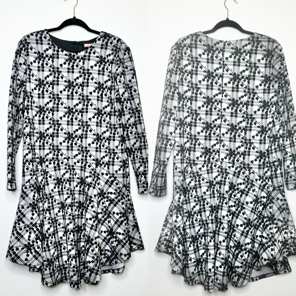 Anthropologie Hutch Jeanie Embroidered Plaid Floral Tunic Dress Black and White - Picture 2 of 11